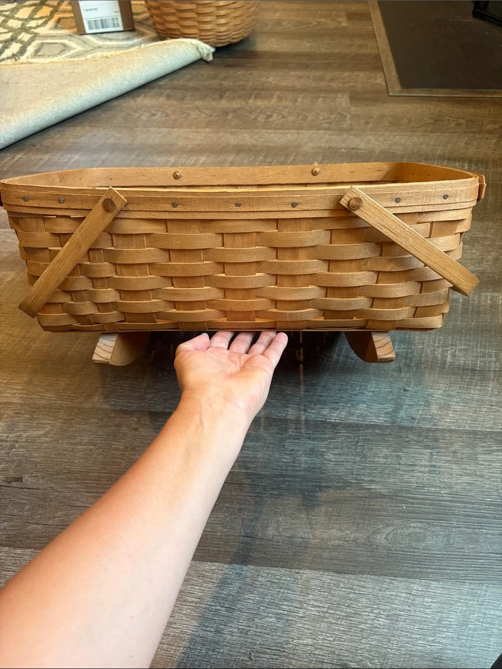 Longaberger Rocking Cradle Basket Brown Woven Handles 9”H